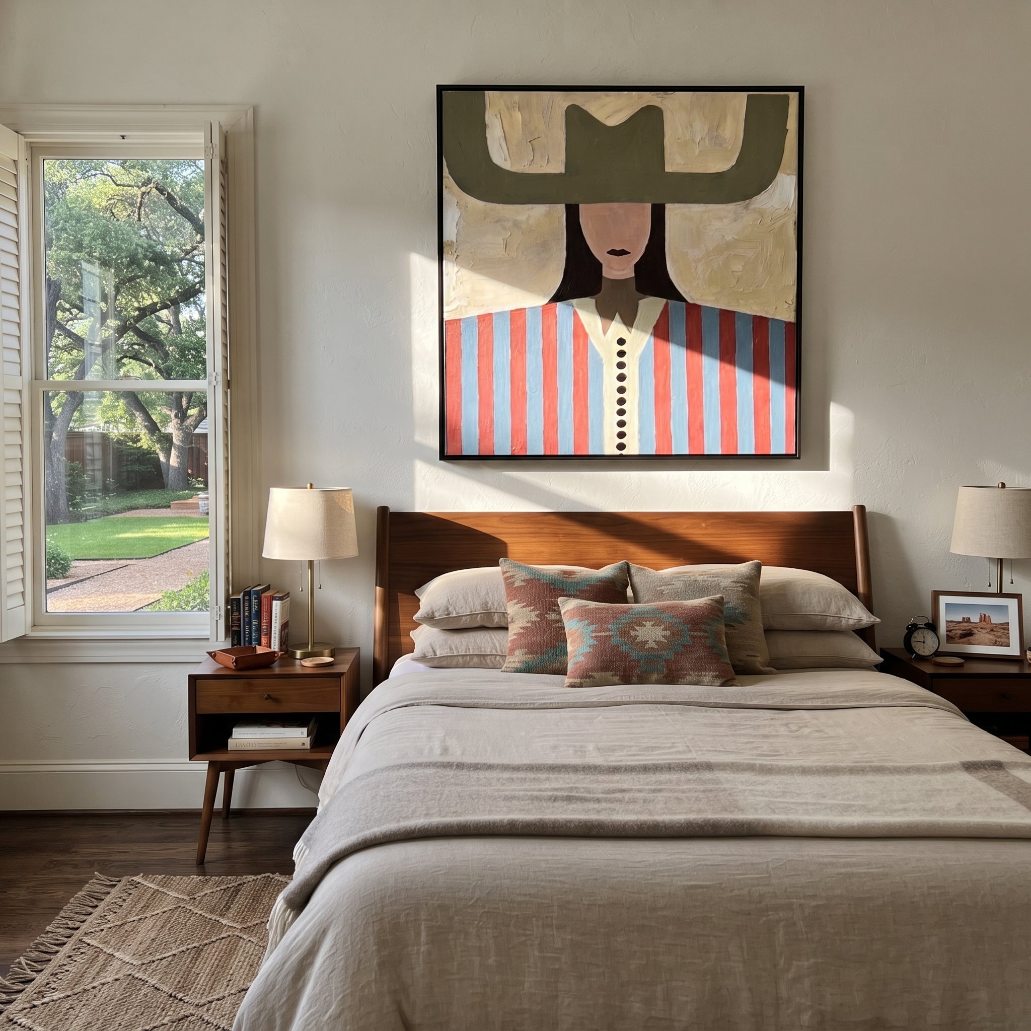 Olive Wings Frame Stripes - red blue striped figure painting by Elliot Vale, modern figurative square wall art - styled room scene view 4