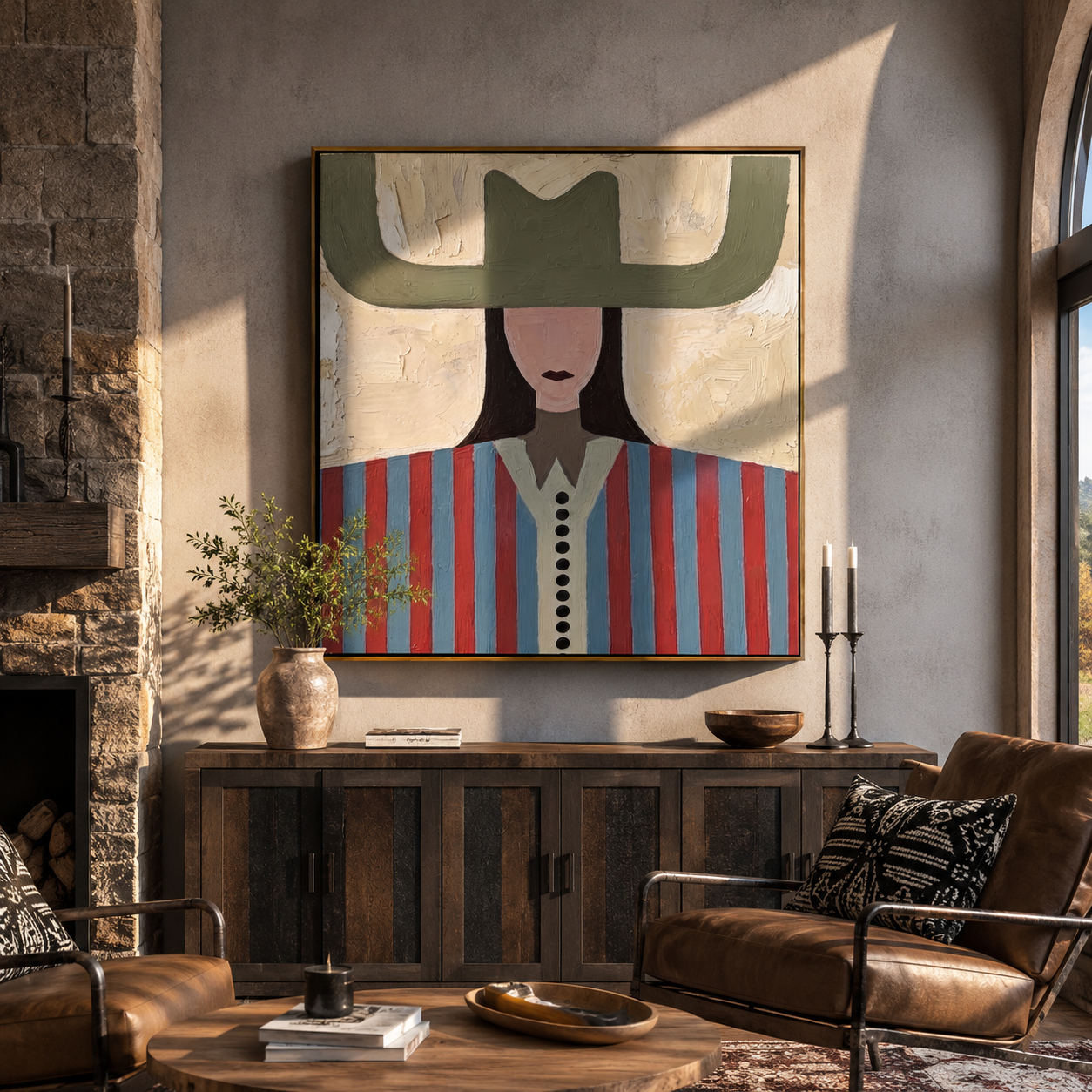 Olive Wings Frame Stripes - red blue striped figure painting by Elliot Vale, modern figurative square wall art - styled room scene view 5