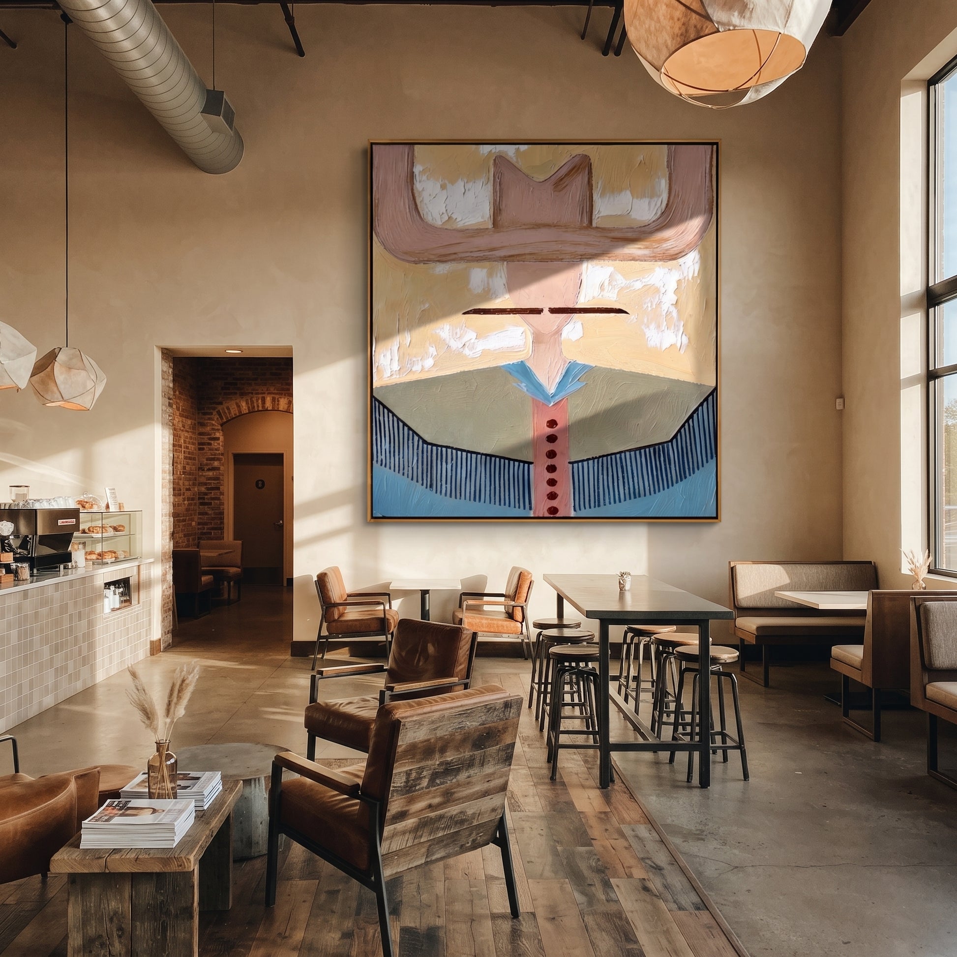 Blush Wings Cross Sky - blue western shirt painting by Elliot Vale, modern figurative square wall art - styled room scene view 1
