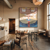 Blush Wings Cross Sky - blue western shirt painting by Elliot Vale, modern figurative square wall art - styled room scene view 1