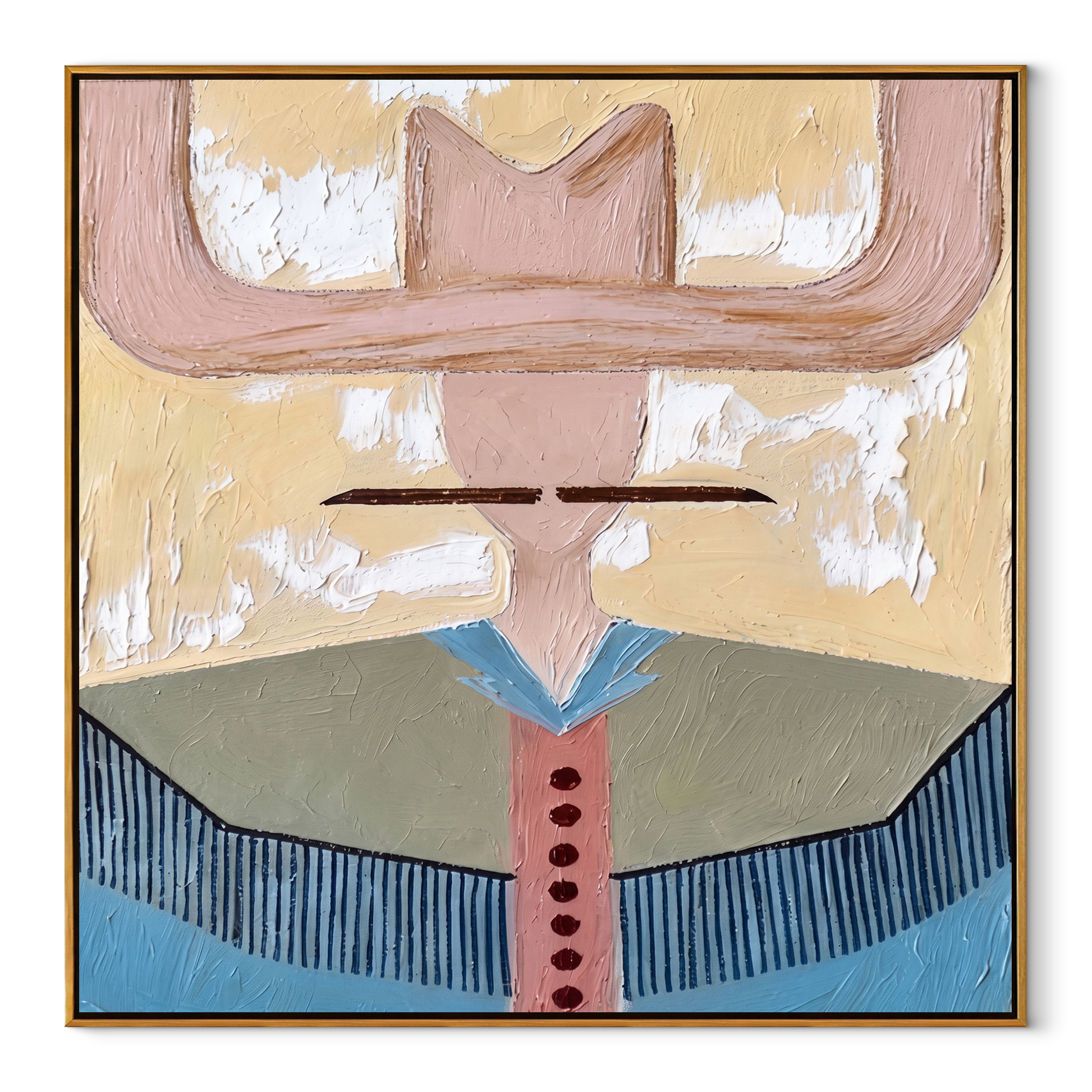 Blush Wings Cross Sky - blue western shirt painting by Elliot Vale, modern figurative square wall art - wood frame on white background