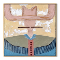 Blush Wings Cross Sky - blue western shirt painting by Elliot Vale, modern figurative square wall art - wood frame on white background
