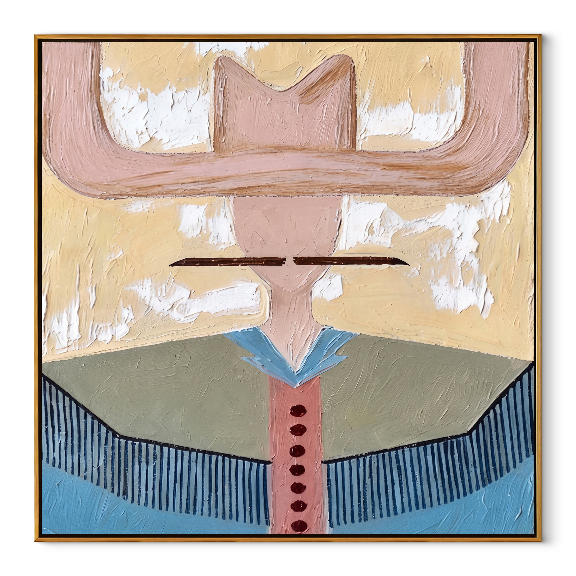 Blush Wings Cross Sky - blue western shirt painting by Elliot Vale, modern figurative square wall art - wood frame on white background