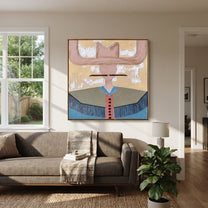 Blush Wings Cross Sky - blue western shirt painting by Elliot Vale, modern figurative square wall art - styled room scene view 2