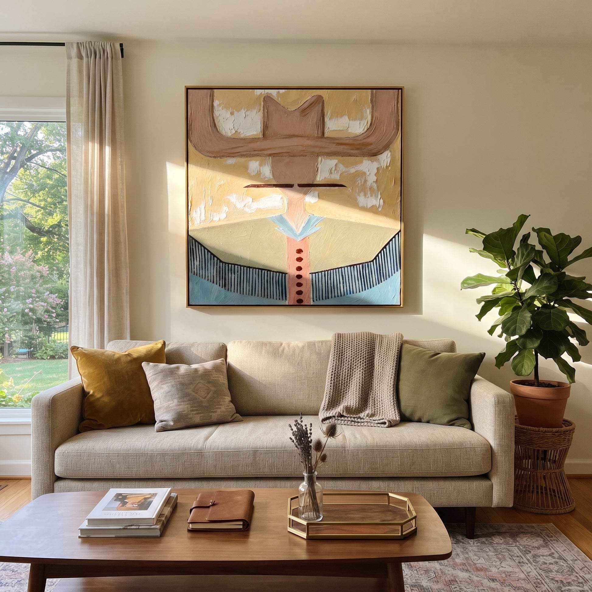 Blush Wings Cross Sky - blue western shirt painting by Elliot Vale, modern figurative square wall art - styled room scene view 3