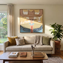 Blush Wings Cross Sky - blue western shirt painting by Elliot Vale, modern figurative square wall art - styled room scene view 3