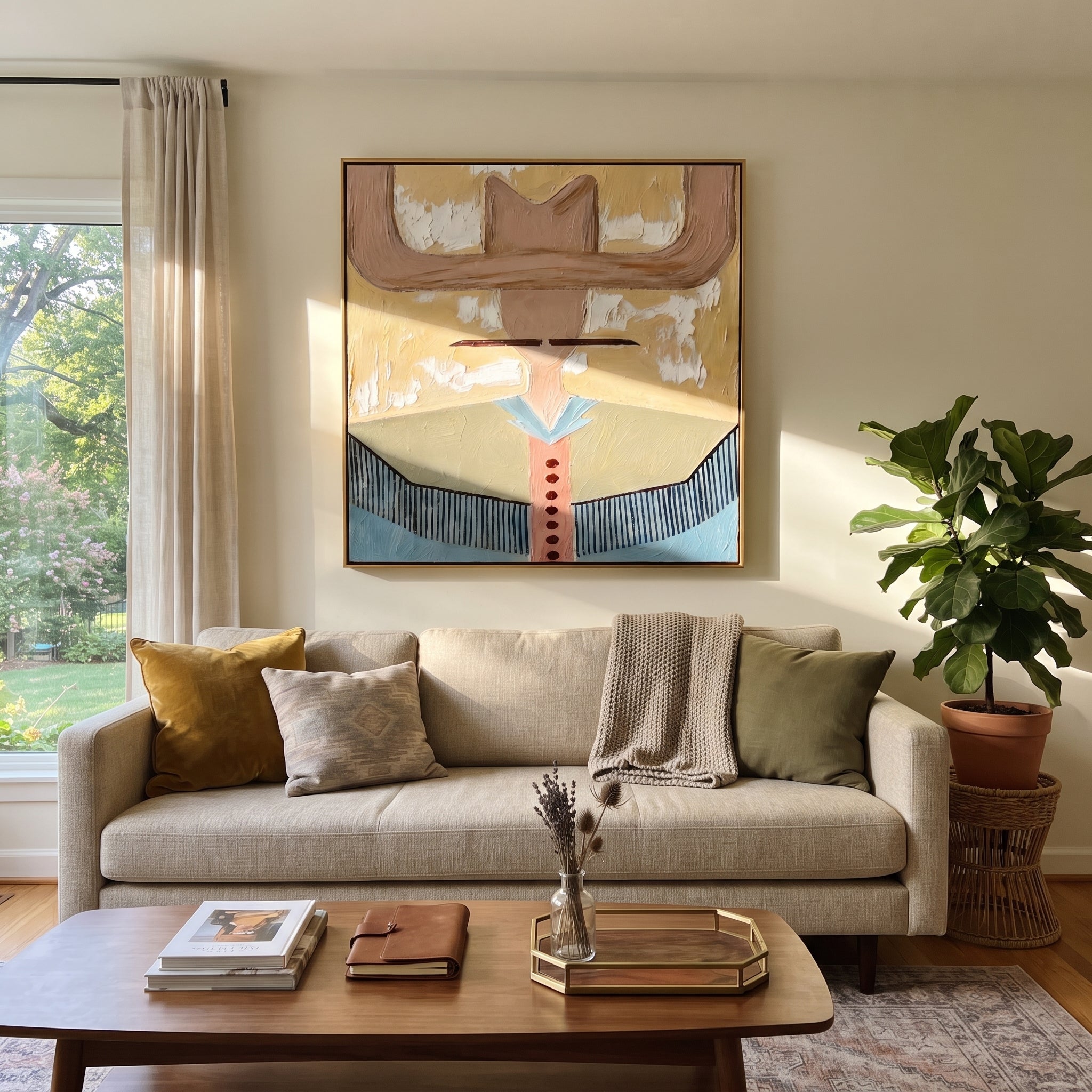 Blush Wings Cross Sky - blue western shirt painting by Elliot Vale, modern figurative square wall art - styled room scene view 3