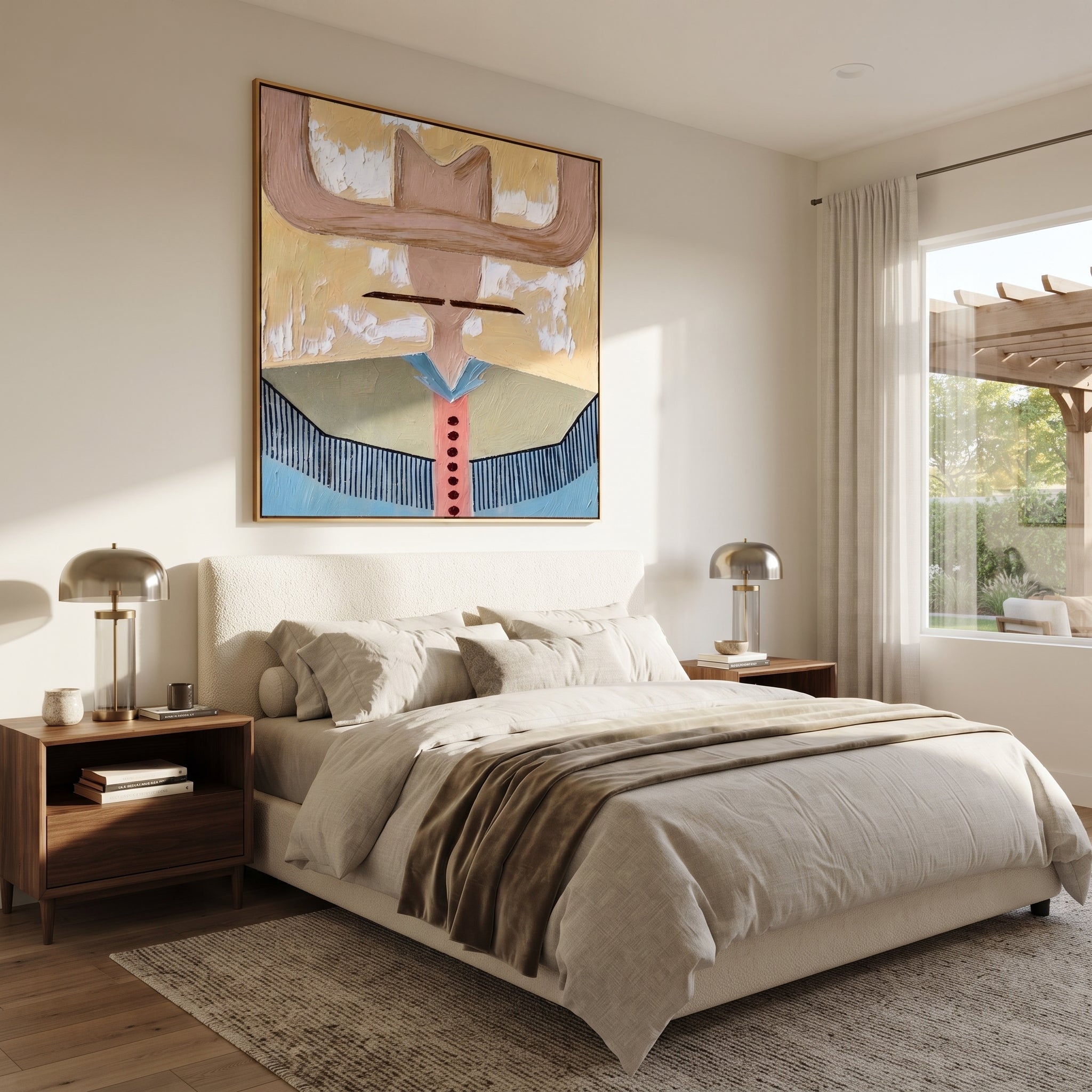 Blush Wings Cross Sky - blue western shirt painting by Elliot Vale, modern figurative square wall art - styled room scene view 4