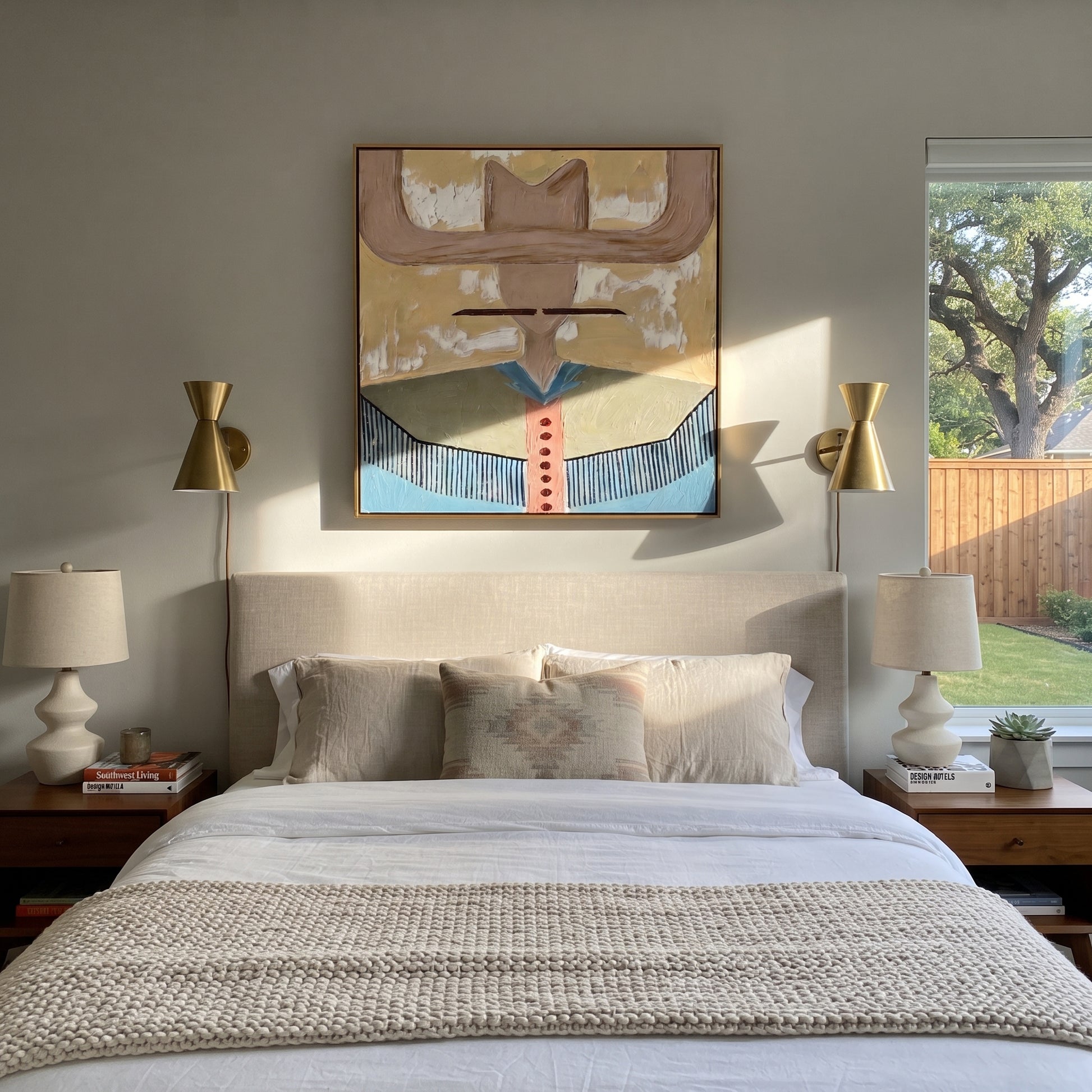 Blush Wings Cross Sky - blue western shirt painting by Elliot Vale, modern figurative square wall art - styled room scene view 5