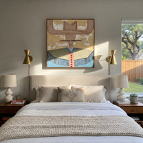 Blush Wings Cross Sky - blue western shirt painting by Elliot Vale, modern figurative square wall art - styled room scene view 5