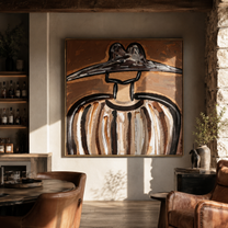 Metal Brim Holds Earth - brown striped hat figure painting by Elliot Vale, modern figurative square wall art - styled room scene view 1