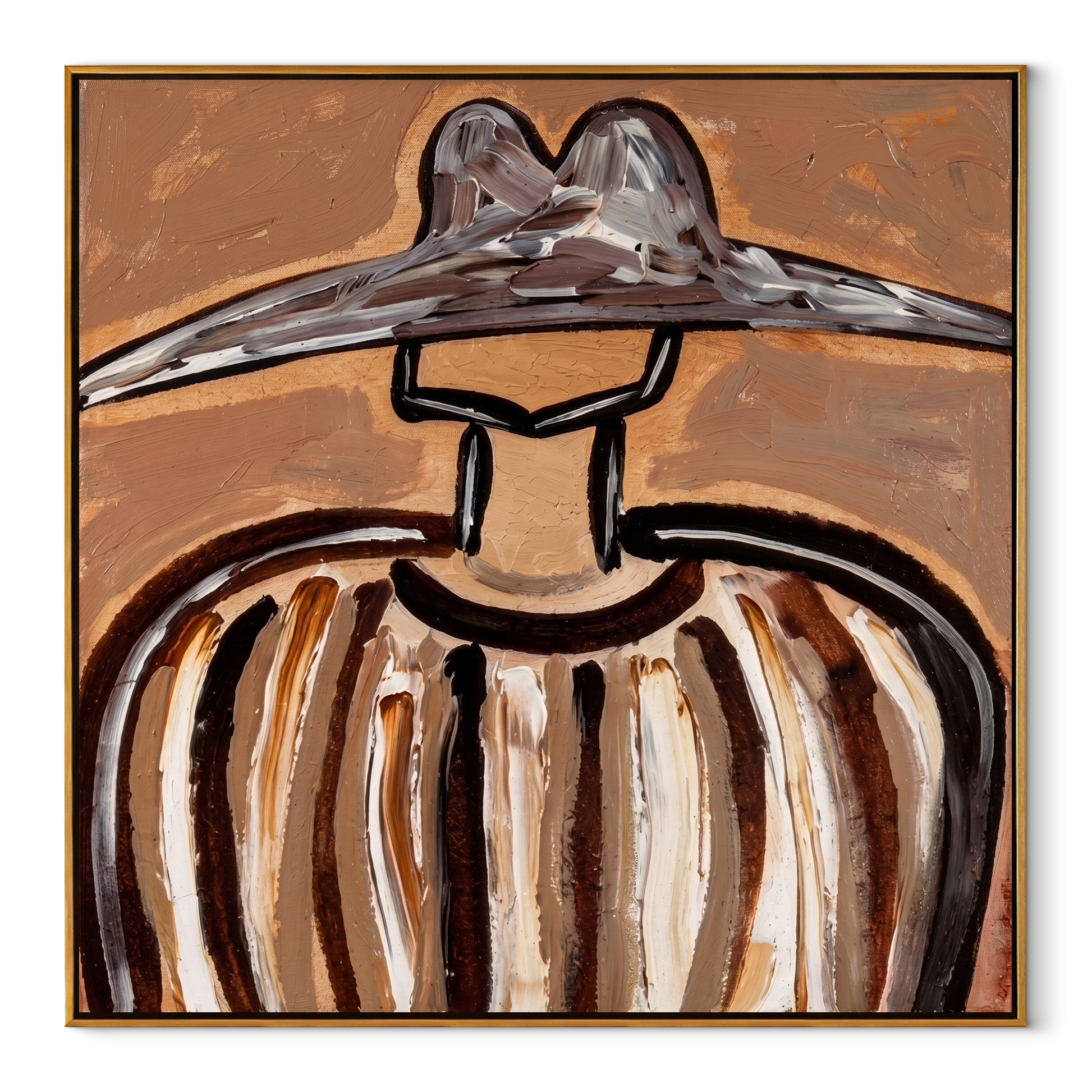 Metal Brim Holds Earth - brown striped hat figure painting by Elliot Vale, modern figurative square wall art - wood frame on white background