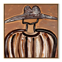 Metal Brim Holds Earth - brown striped hat figure painting by Elliot Vale, modern figurative square wall art - wood frame on white background