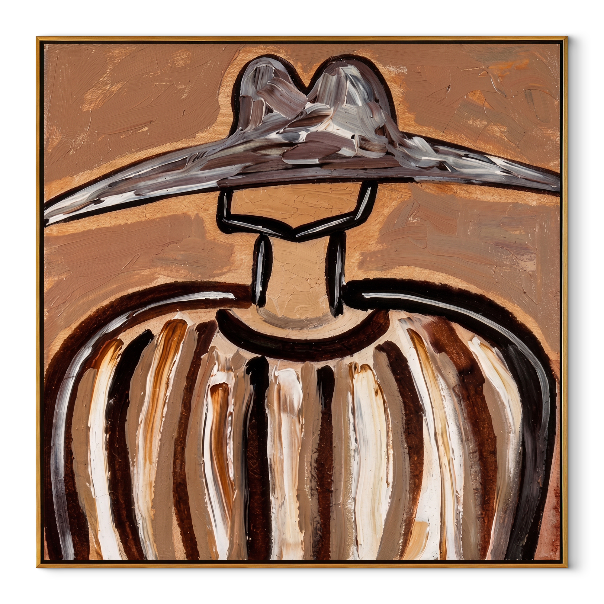 Metal Brim Holds Earth - brown striped hat figure painting by Elliot Vale, modern figurative square wall art - wood frame on white background