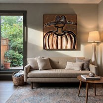 Metal Brim Holds Earth - brown striped hat figure painting by Elliot Vale, modern figurative square wall art - styled room scene view 2