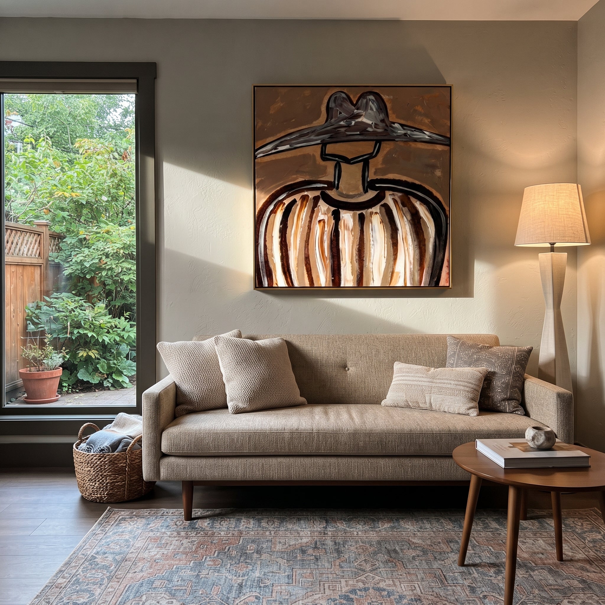 Metal Brim Holds Earth - brown striped hat figure painting by Elliot Vale, modern figurative square wall art - styled room scene view 2