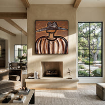 Metal Brim Holds Earth - brown striped hat figure painting by Elliot Vale, modern figurative square wall art - styled room scene view 3