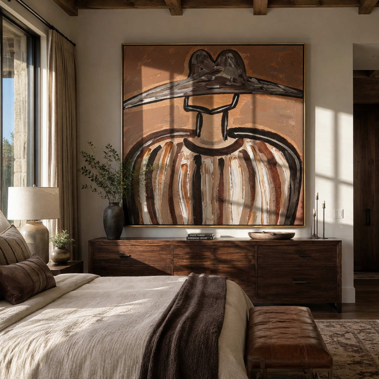 Metal Brim Holds Earth - brown striped hat figure painting by Elliot Vale, modern figurative square wall art - styled room scene view 4