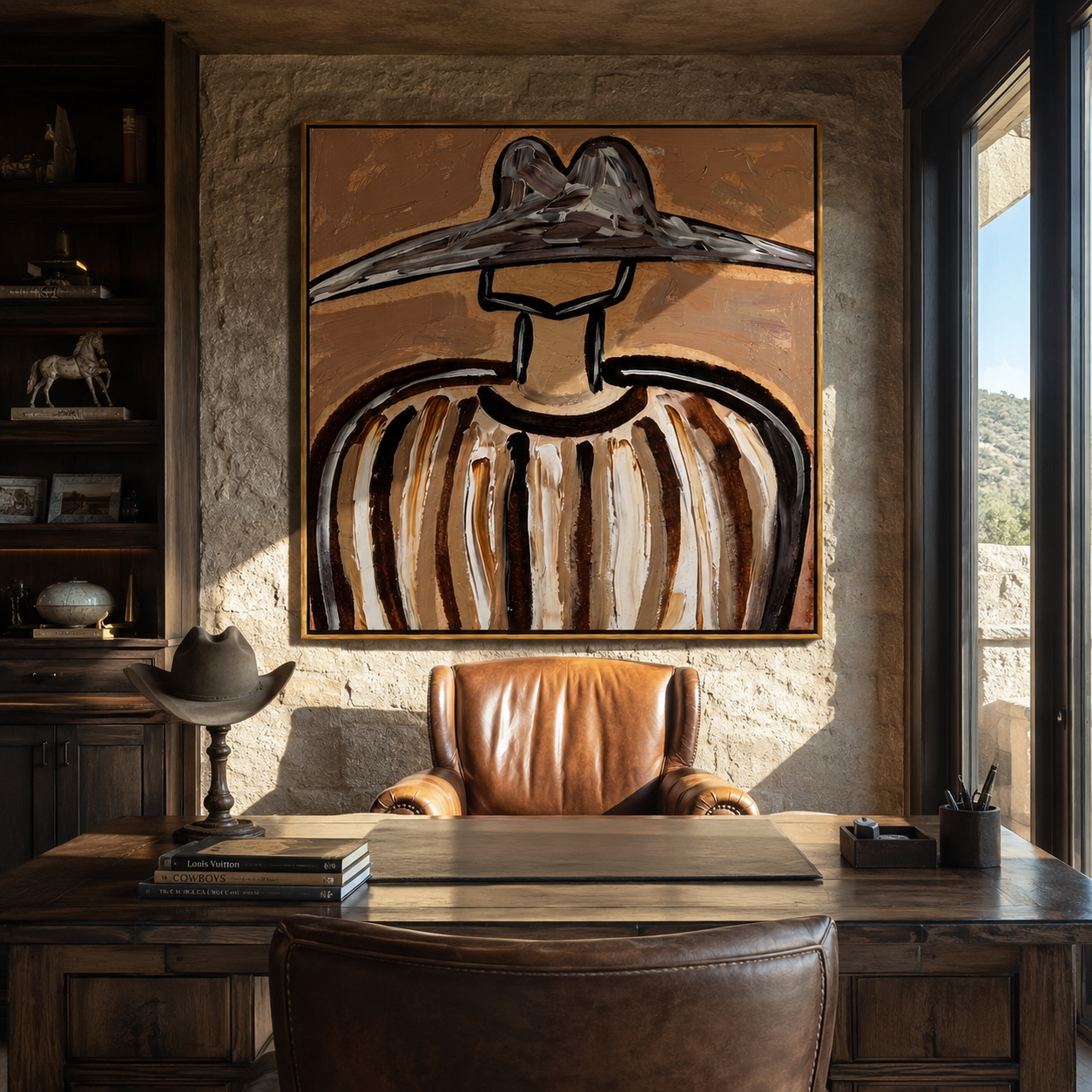 Metal Brim Holds Earth - brown striped hat figure painting by Elliot Vale, modern figurative square wall art - styled room scene view 5