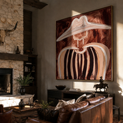 White Peaks Melt Brown - abstract striped figure painting by Elliot Vale, modern figurative square wall art - styled room scene view 1