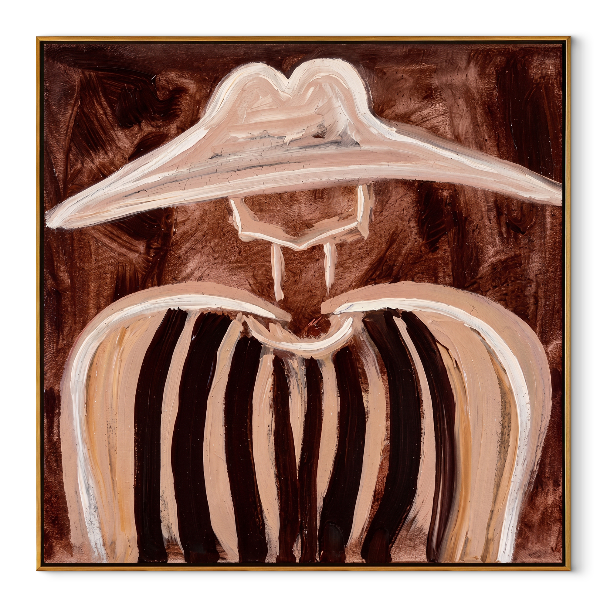 White Peaks Melt Brown - abstract striped figure painting by Elliot Vale, modern figurative square wall art - wood frame on white background