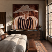 White Peaks Melt Brown - abstract striped figure painting by Elliot Vale, modern figurative square wall art - styled room scene view 2