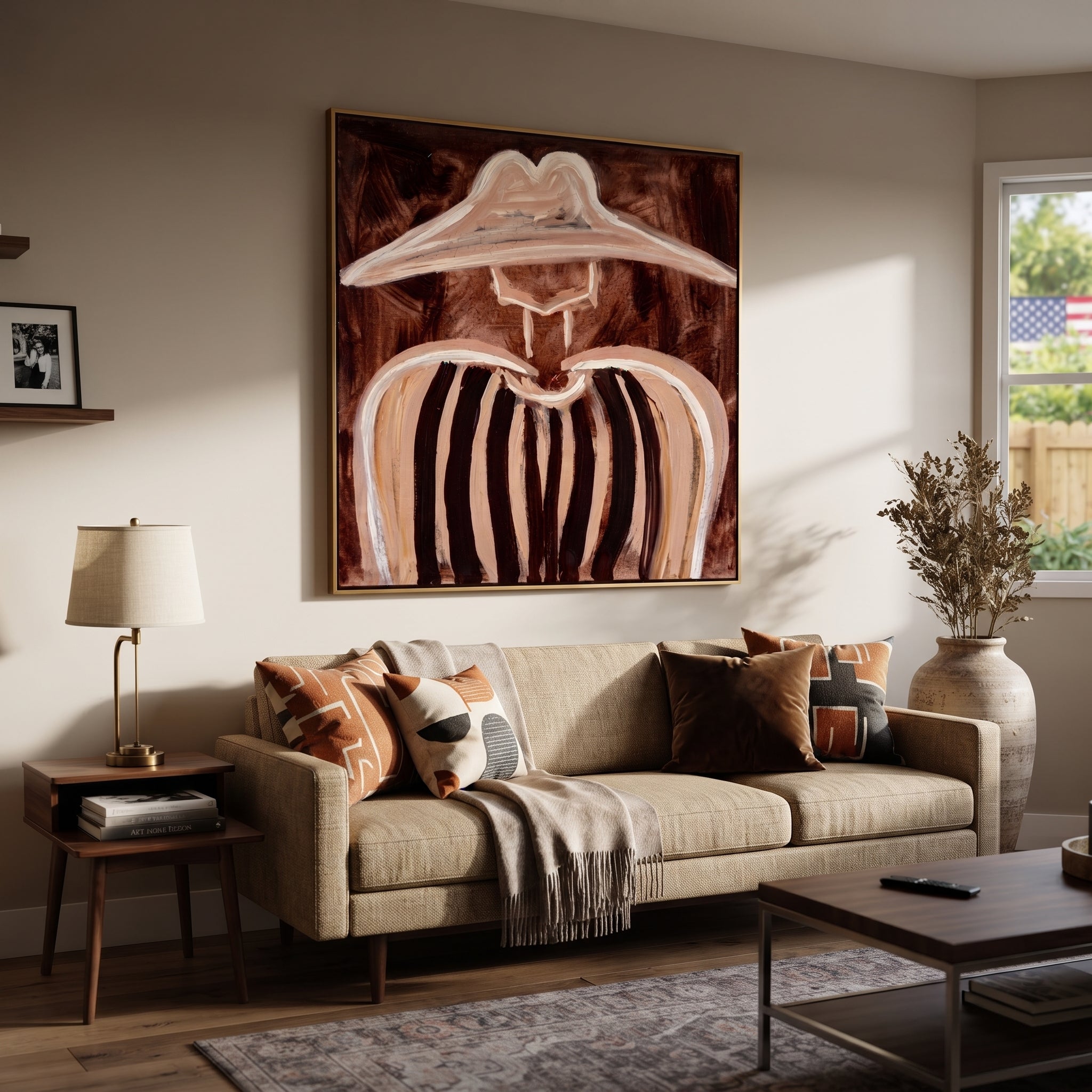 White Peaks Melt Brown - abstract striped figure painting by Elliot Vale, modern figurative square wall art - styled room scene view 3