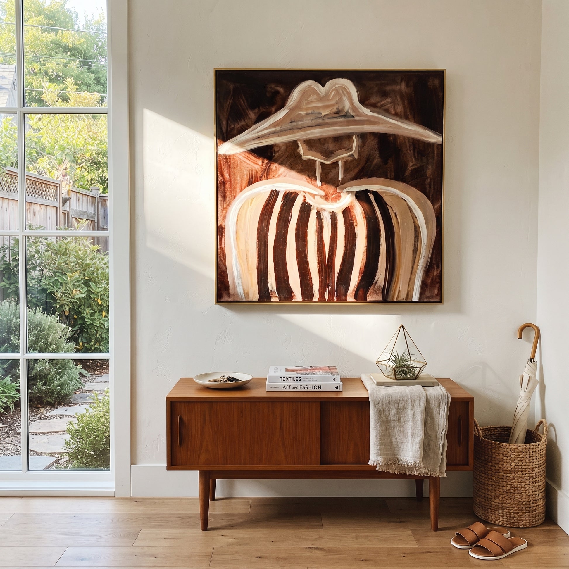 White Peaks Melt Brown - abstract striped figure painting by Elliot Vale, modern figurative square wall art - styled room scene view 4