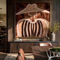 White Peaks Melt Brown - abstract striped figure painting by Elliot Vale, modern figurative square wall art - styled room scene view 5