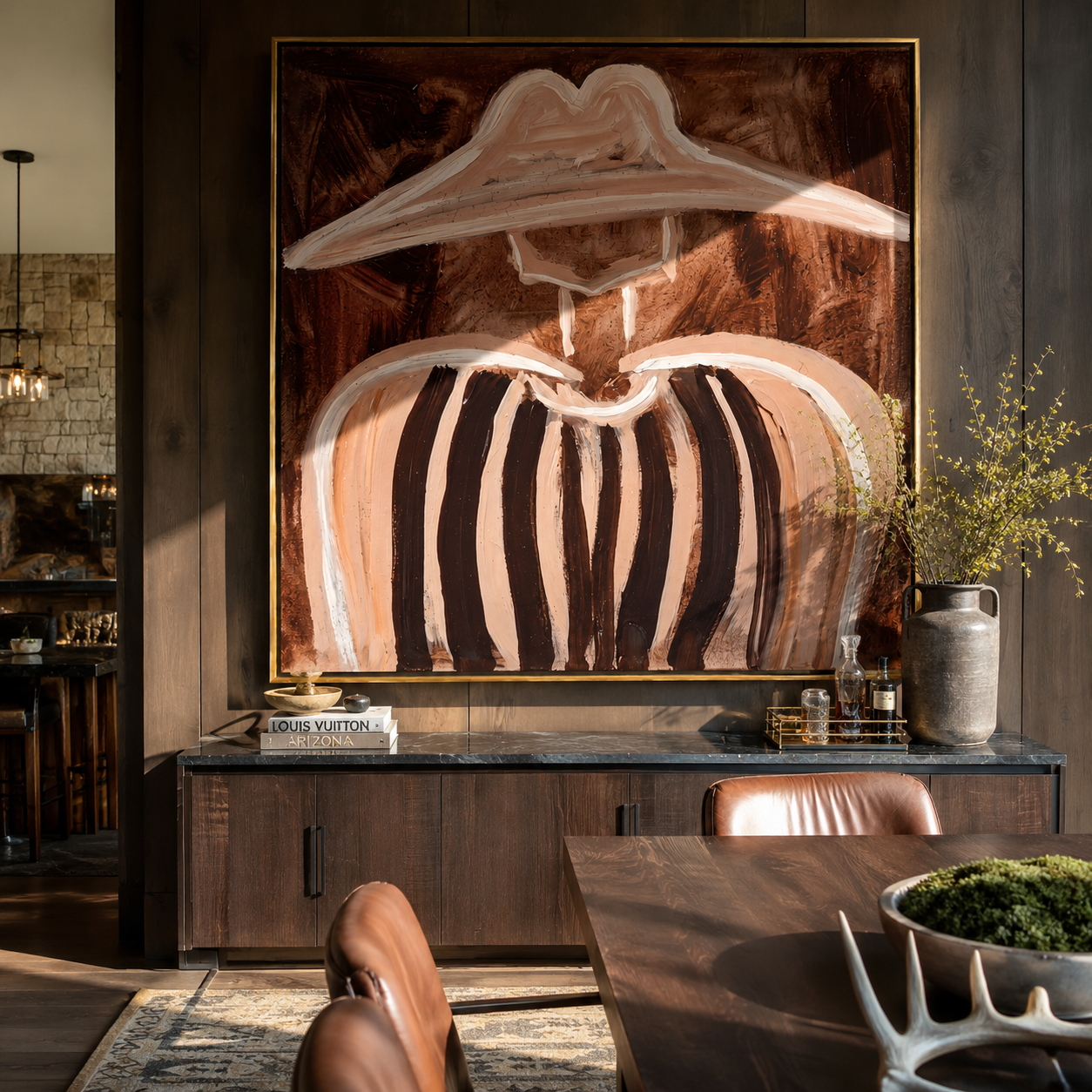 White Peaks Melt Brown - abstract striped figure painting by Elliot Vale, modern figurative square wall art - styled room scene view 5