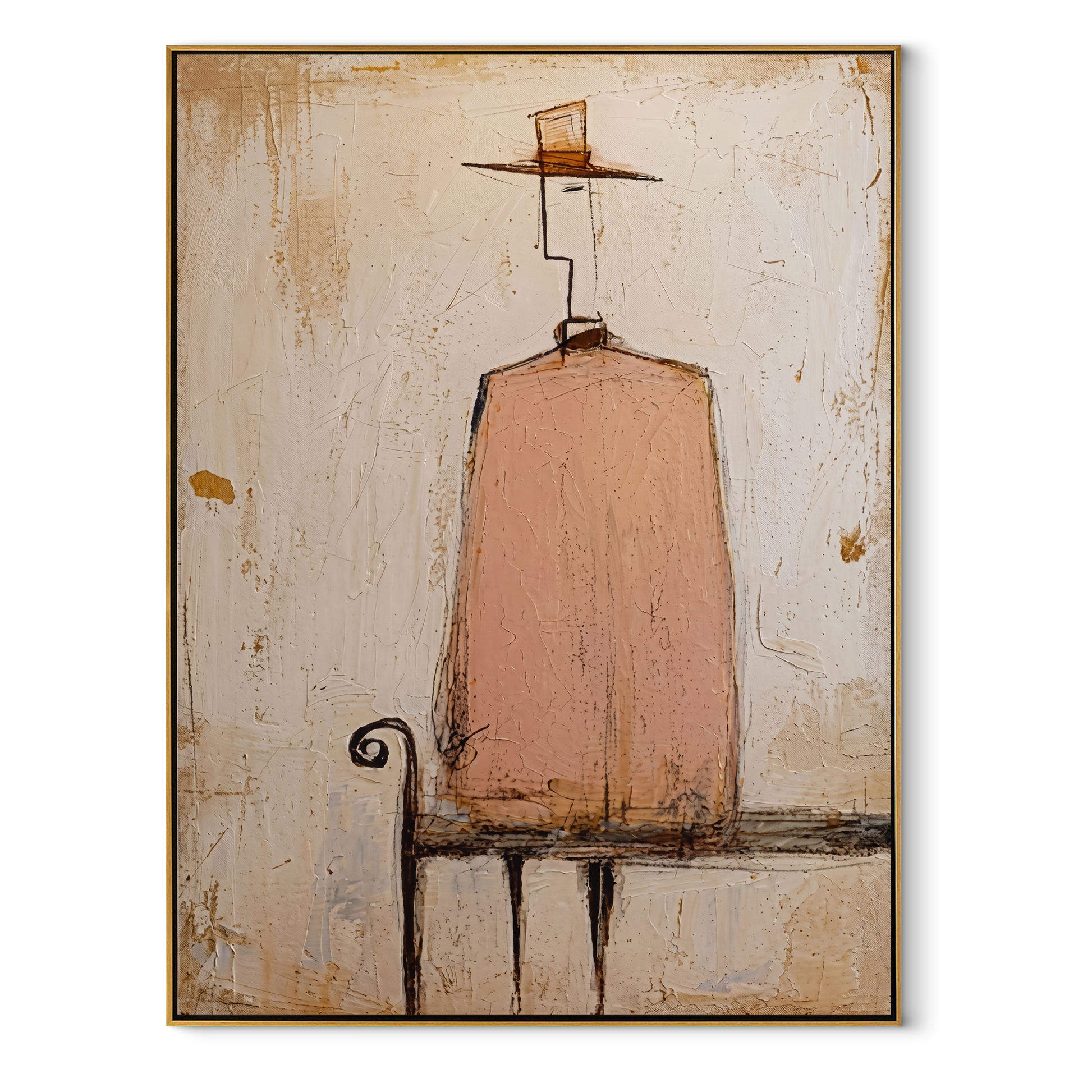 Small Hat Waits Above - minimal seated figure painting by Elliot Vale, modern figurative vertical wall art - wood frame on white background
