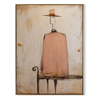 Small Hat Waits Above - minimal seated figure painting by Elliot Vale, modern figurative vertical wall art - wood frame on white background