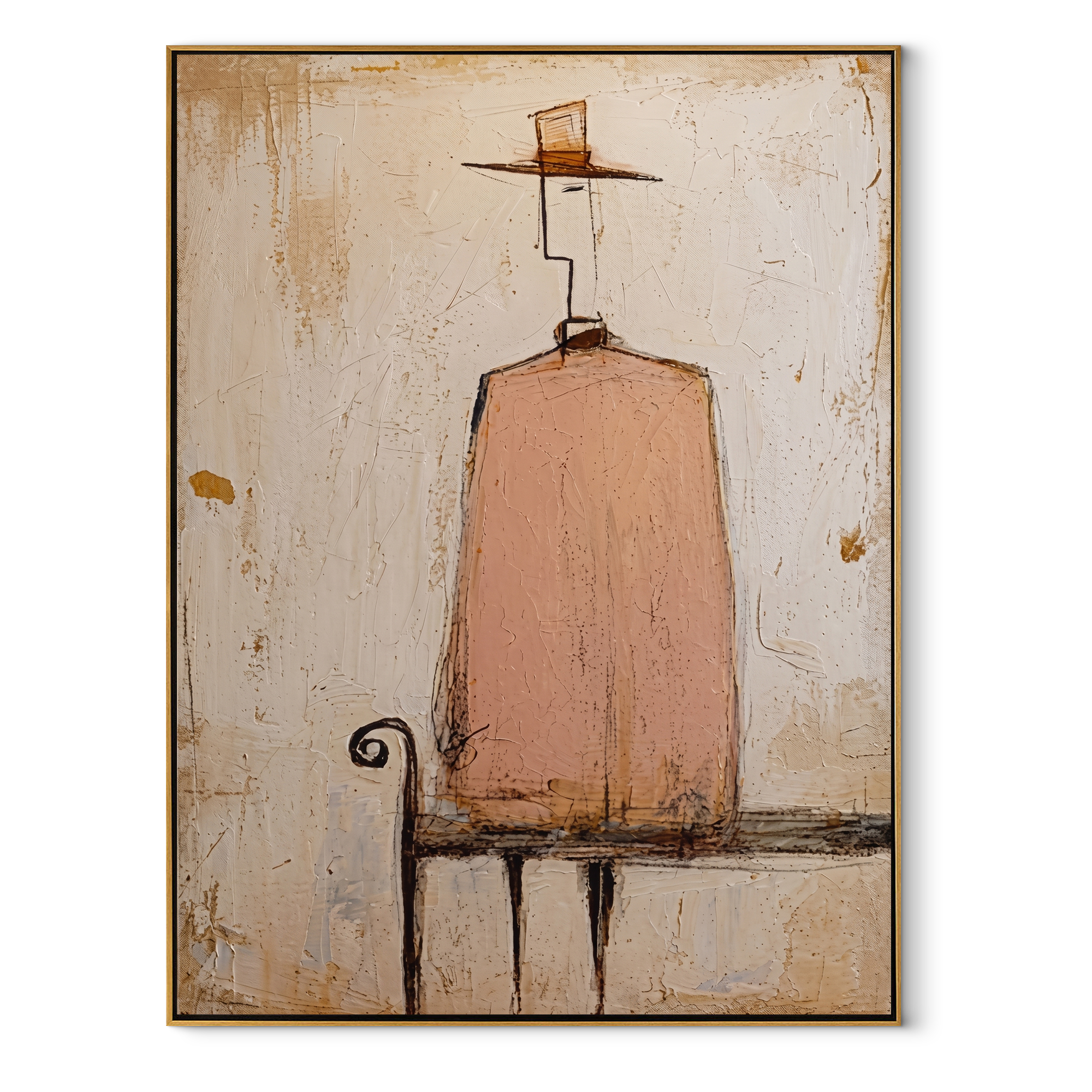 Small Hat Waits Above - minimal seated figure painting by Elliot Vale, modern figurative vertical wall art - wood frame on white background