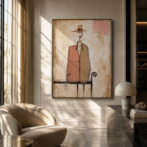 Pink Coat Stands Alone - minimal bench figure painting by Elliot Vale, modern figurative vertical wall art - styled room scene view 1
