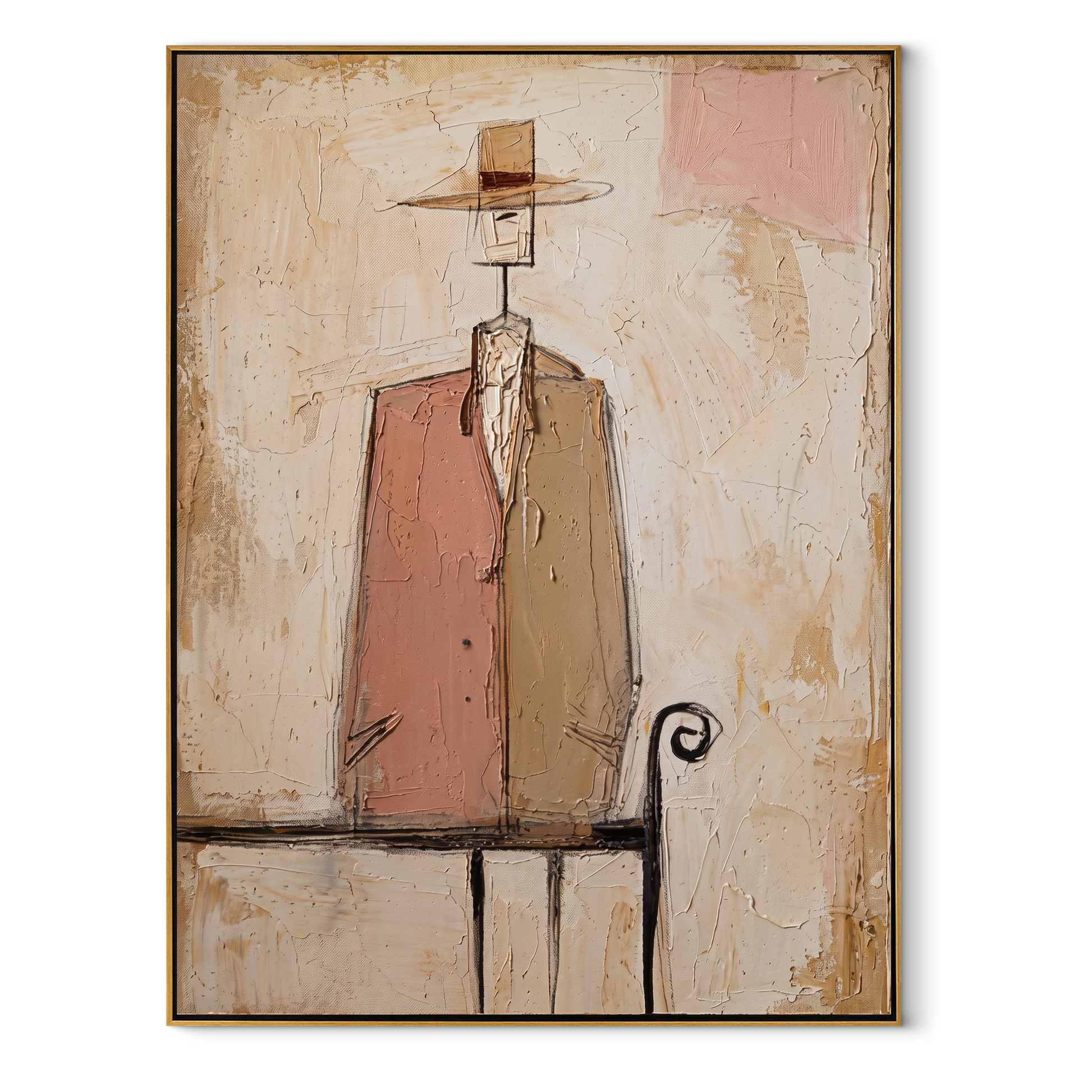 Pink Coat Stands Alone - minimal bench figure painting by Elliot Vale, modern figurative vertical wall art - wood frame on white background