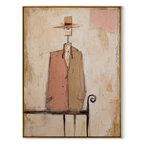 Pink Coat Stands Alone - minimal bench figure painting by Elliot Vale, modern figurative vertical wall art - wood frame on white background