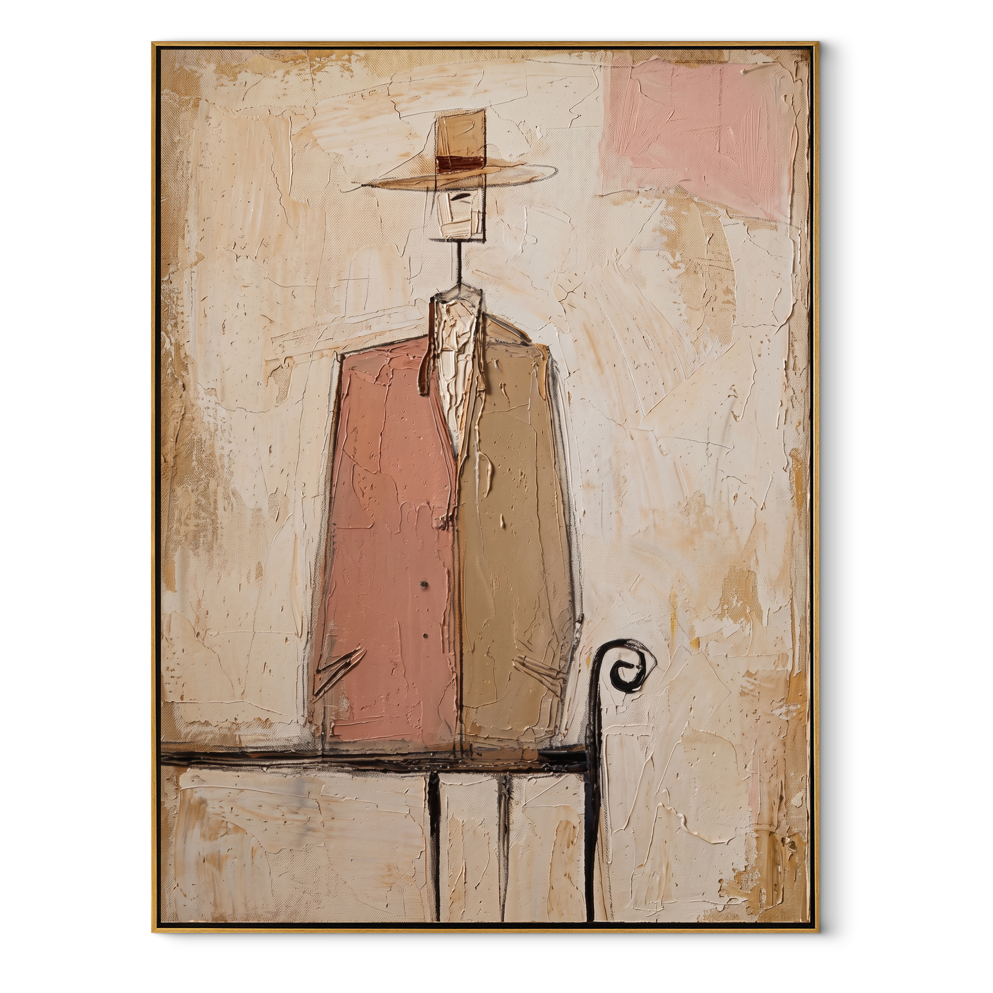 Pink Coat Stands Alone - minimal bench figure painting by Elliot Vale, modern figurative vertical wall art - wood frame on white background