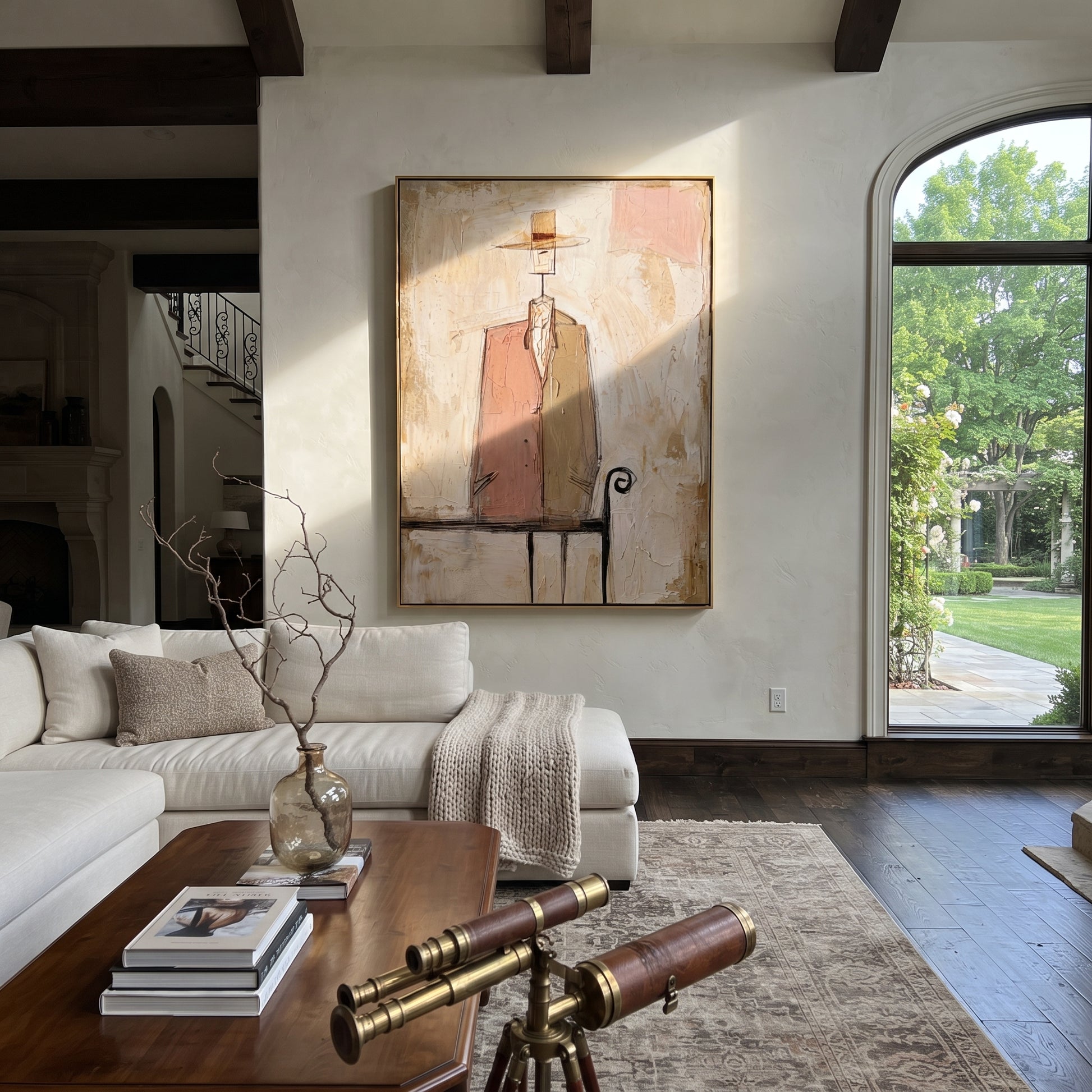Pink Coat Stands Alone - minimal bench figure painting by Elliot Vale, modern figurative vertical wall art - styled room scene view 2