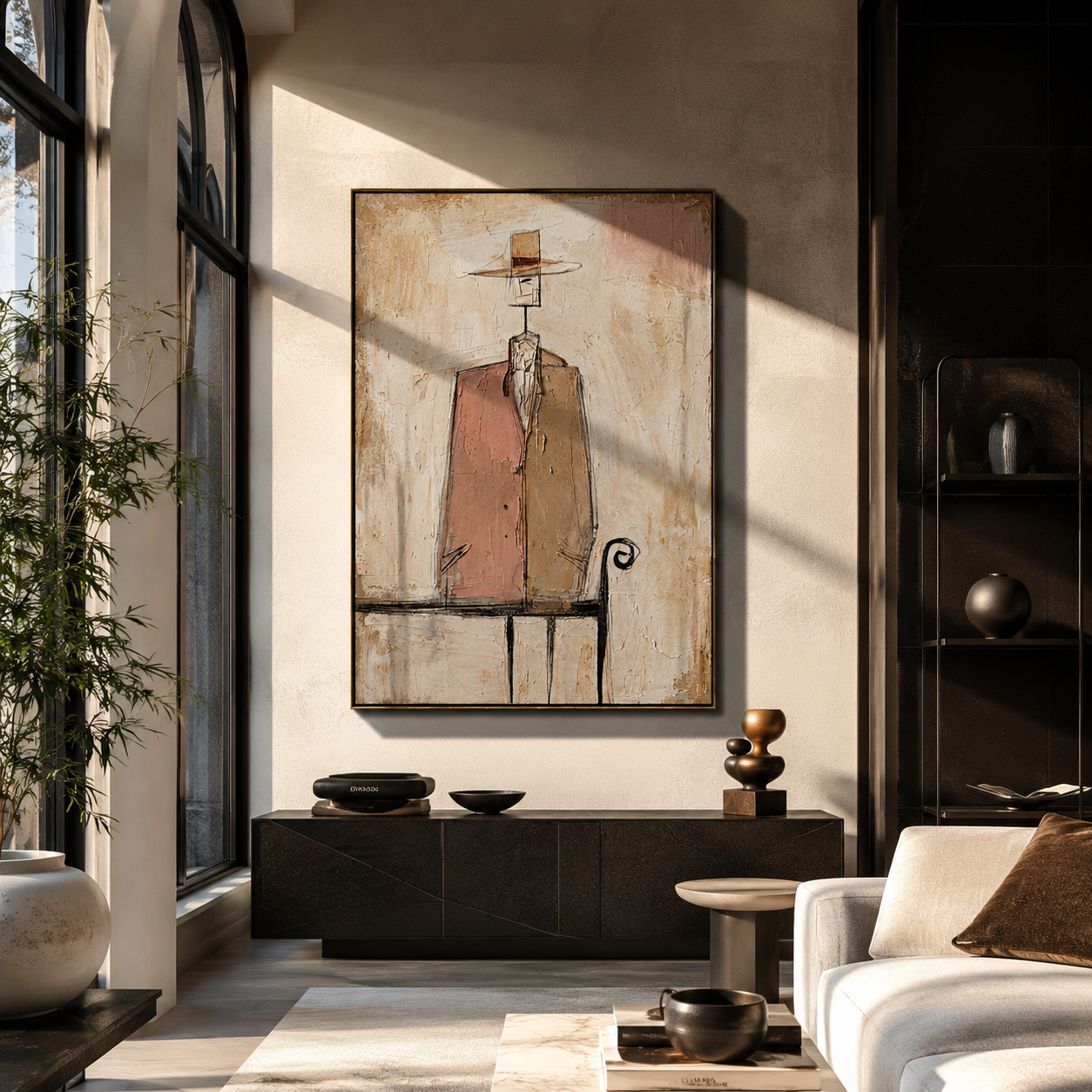 Pink Coat Stands Alone - minimal bench figure painting by Elliot Vale, modern figurative vertical wall art - styled room scene view 4