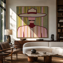 Pastel Brim Guards Lines - pastel striped man painting by Elliot Vale, modern figurative square wall art - styled room scene view 1