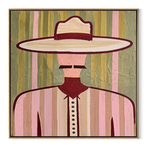 Pastel Brim Guards Lines - pastel striped man painting by Elliot Vale, modern figurative square wall art - wood frame on white background