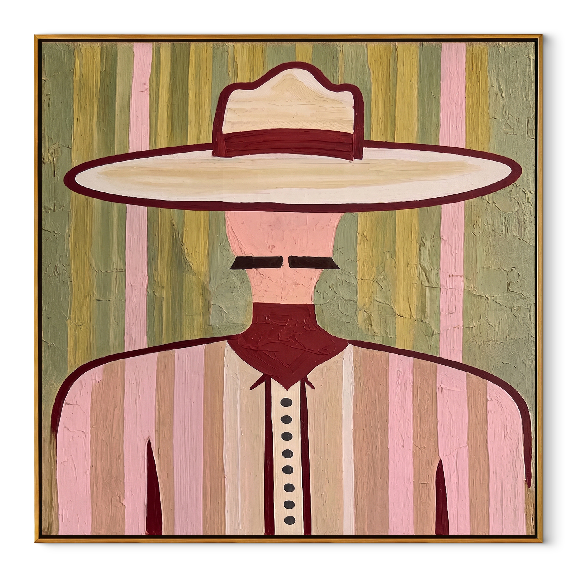 Pastel Brim Guards Lines - pastel striped man painting by Elliot Vale, modern figurative square wall art - wood frame on white background