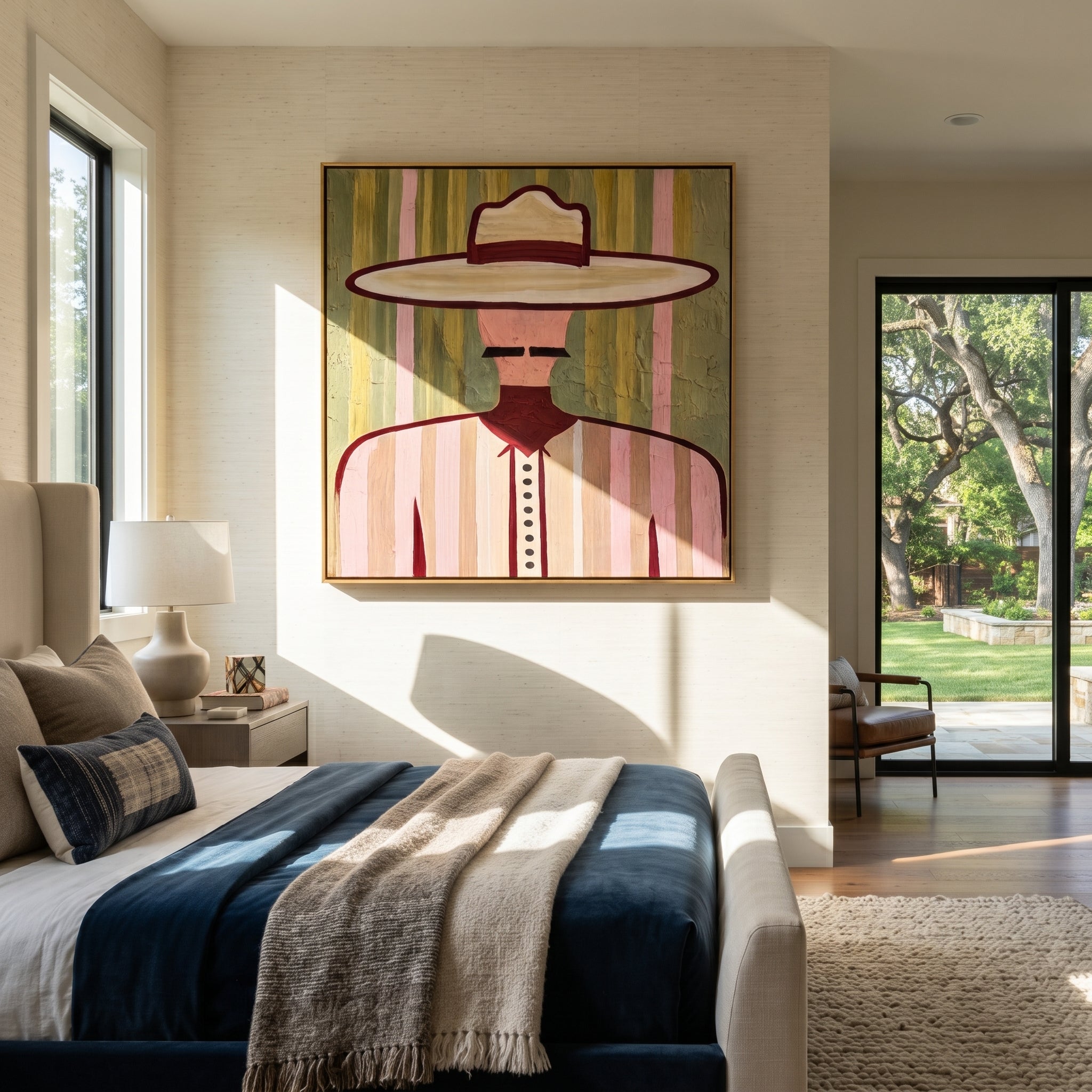 Pastel Brim Guards Lines - pastel striped man painting by Elliot Vale, modern figurative square wall art - styled room scene view 2