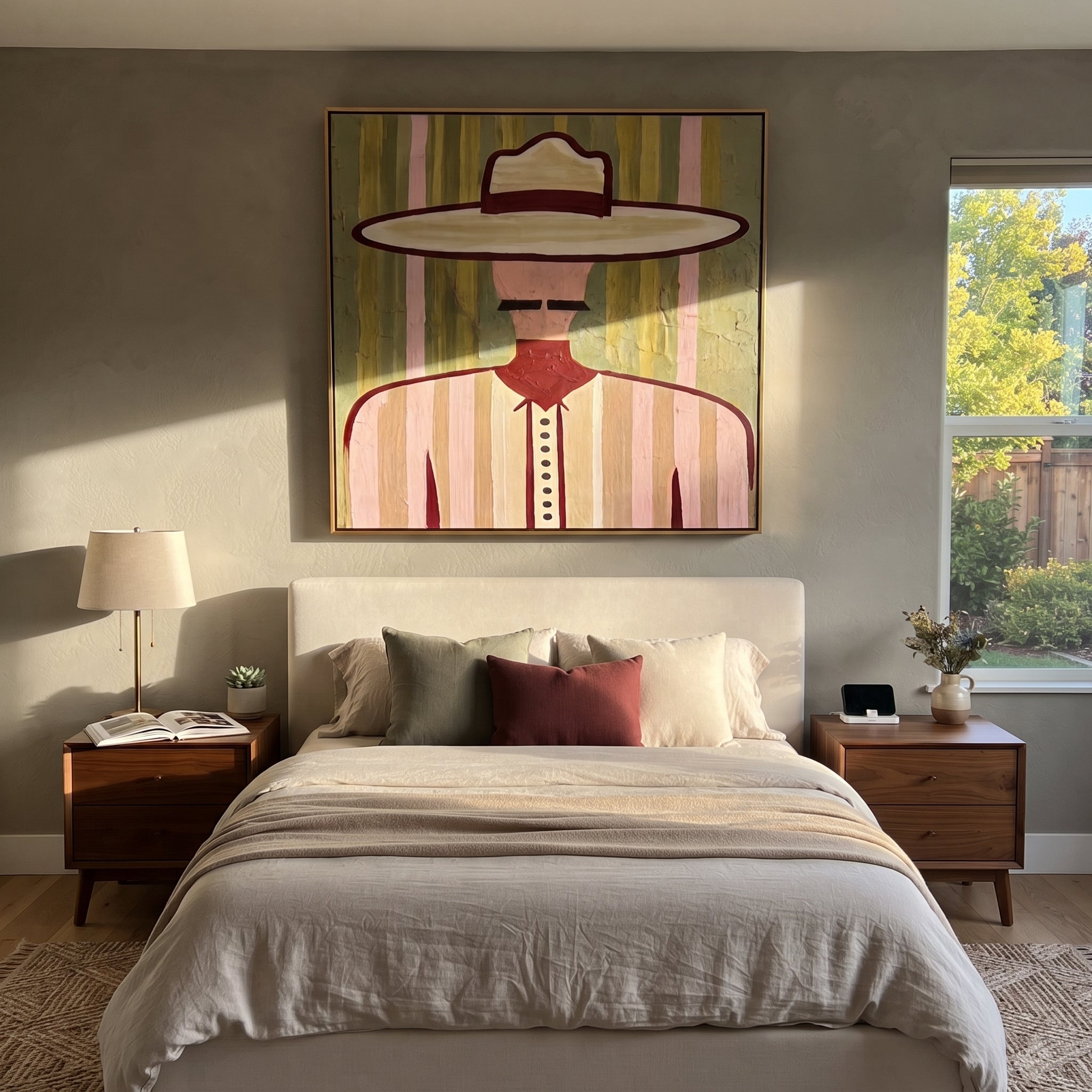 Pastel Brim Guards Lines - pastel striped man painting by Elliot Vale, modern figurative square wall art - styled room scene view 3