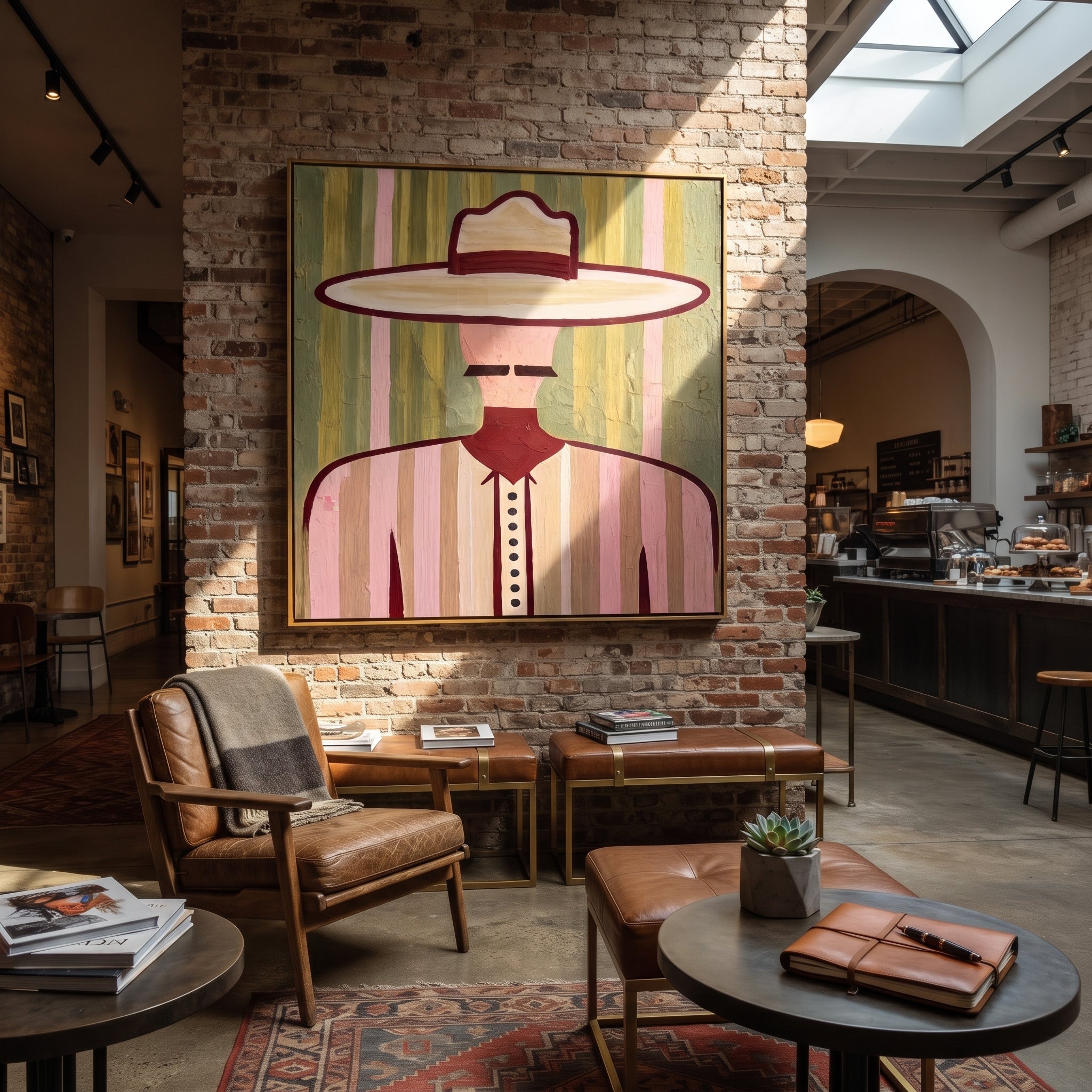 Pastel Brim Guards Lines - pastel striped man painting by Elliot Vale, modern figurative square wall art - styled room scene view 4