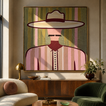 Pastel Brim Guards Lines - pastel striped man painting by Elliot Vale, modern figurative square wall art - styled room scene view 5