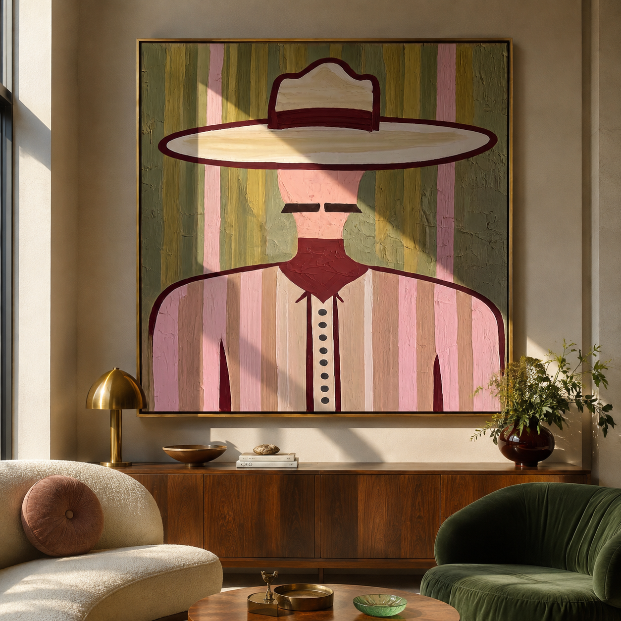 Pastel Brim Guards Lines - pastel striped man painting by Elliot Vale, modern figurative square wall art - styled room scene view 5