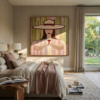 Fringe Sleeps Beneath Ivory - pastel cowgirl portrait painting by Elliot Vale, modern figurative square wall art - styled room scene view 1