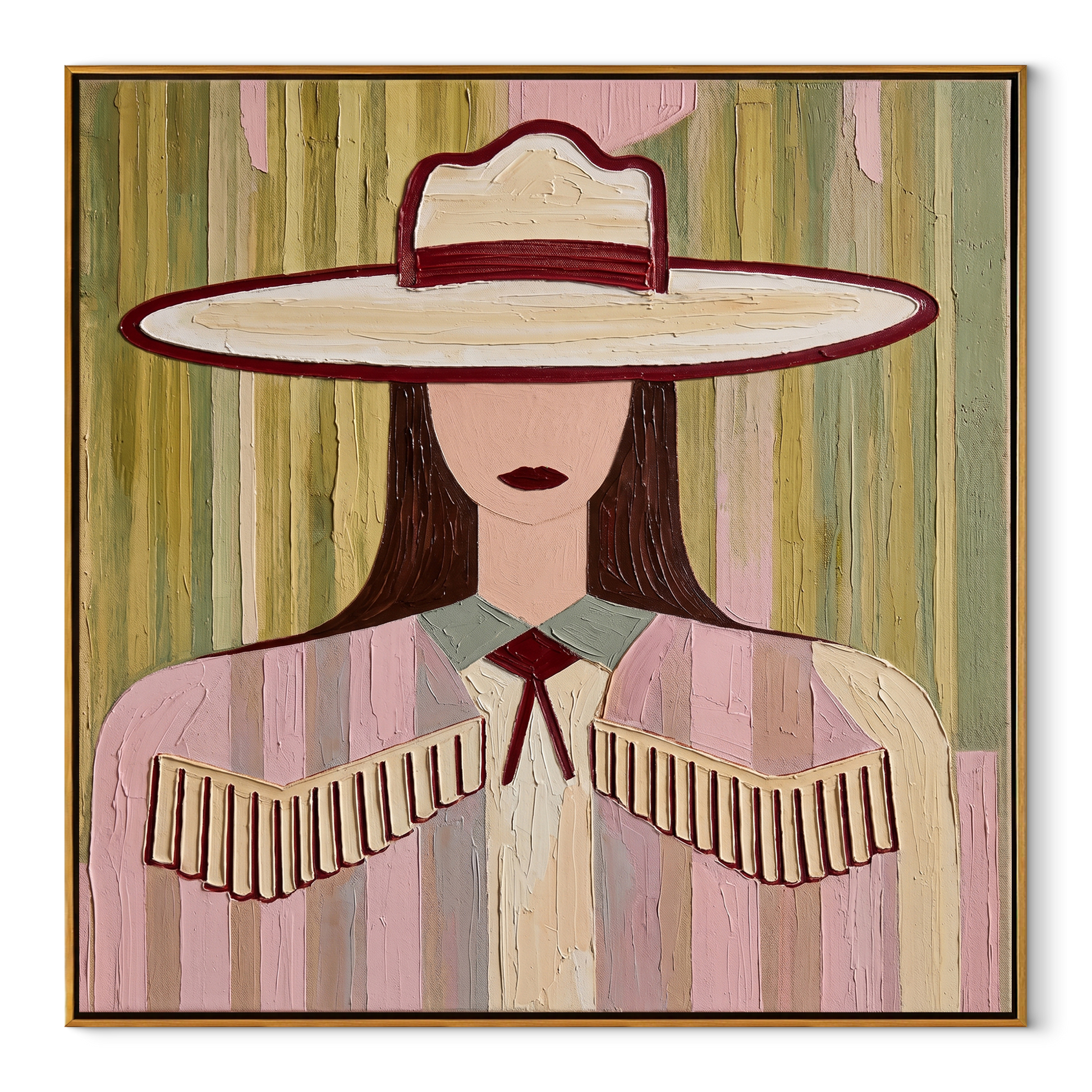 Fringe Sleeps Beneath Ivory - pastel cowgirl portrait painting by Elliot Vale, modern figurative square wall art - wood frame on white background