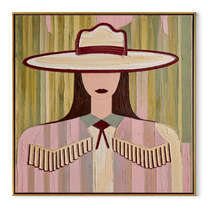Fringe Sleeps Beneath Ivory - pastel cowgirl portrait painting by Elliot Vale, modern figurative square wall art - wood frame on white background